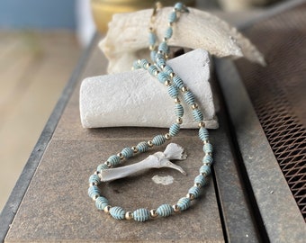 Vintage Handmade 33 inch Blue and Gold Necklace