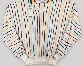Vintage Carlo Colucci trui, dun gebreide zomerpullover met kleurrijke strepen en V-hals, gemaakt in Duitsland in de jaren 90, lichtgewicht gebreid, maat L XL