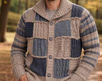 Herren-Strickcardigan im Patchwork-Stil – Wollmischung – Gemütlicher Pullover im Vintage-Stil – Größe M – Strukturierter Schalkragen