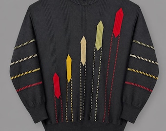 Klasyczny sweter Carlo Colucci męski, rozmiar M, czarny, abstrakcyjny, dzianinowy, z okrągłym dekoltem, lata 90.