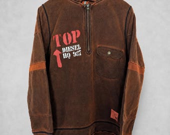 Vintage Diesel Hoodie Bruin Y2K Gewassen Pullover Sweatshirt Heren Maat M Streetwear Grunge Gewassen Diesel Top Hoodie