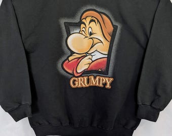 Vintage Disney Grumpy Sweatshirt XL Schwarz 90er Jahre Hergestellt in den USA Sieben Zwerge Grafik Rundhals Oversized Streetwear