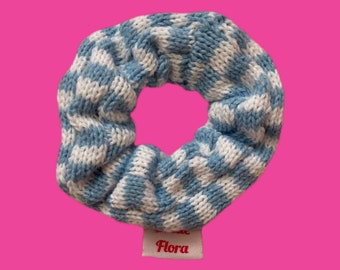 Tricot Scrunchie - Chèque - Bleu pâle et crème - Accessoire pour cheveux