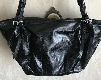 Italian Vintage Y2k 90s Stunning Vintage Soft Black Patent Leather Shoulder Big bag