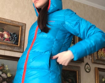Y2k Vintage Womens Adidas Blue Down Puffer Jacket Blue Turquoise Color with Red