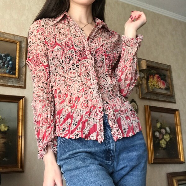 90s Italian Vintage Red color long sleeve wrinkled silk blouse by M milano