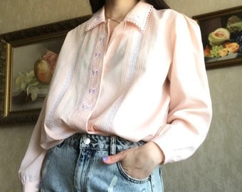 70s 80s Vintage Light Pink Embroidered Puff Sleeves Blouse