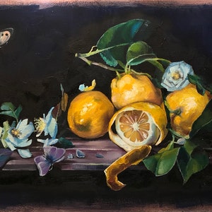 Original Oil Painting on canvas "Still life with lemons, tea rose and butterflies" Original Oil Still Life Painting,  Lemon Painting