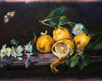 Original Oil Painting on canvas "Still life with lemons, tea rose and butterflies" Original Oil Still Life Painting,  Lemon Painting