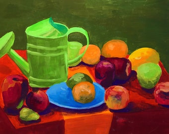 Original Gouache painting on paper " Still life with apples and watering pot "