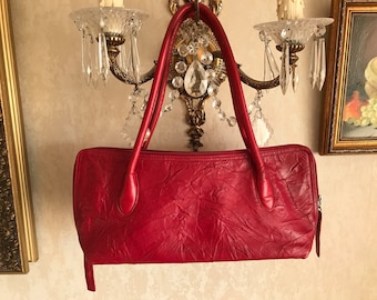Vintage 80s Stunning VINTAGE Baguette Shoulder bag Real Leather Cherry red color, Wrinkled Skin Effect Bag