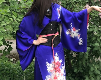 1930s Antique Rare Japanese Natural Silk Homongi Kimono in indigo blue color hand painted