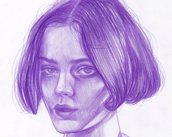 Original Colored pencil drawing on paper 'Girl in Purple' Original Graphite Portrait Drawing, Women Portrait Drawing