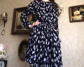 90s Vintage Womens Dark Blue Daisy Floral Print Puff Long Sleeve Midi Dress