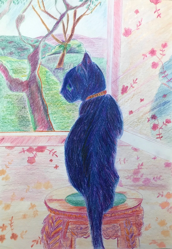 Original Colored Pencil Drawing on Paper Black Cat 