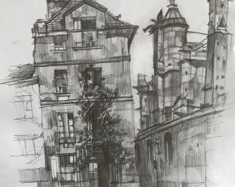 Original Graphite drawing on paper " Old Town Memories "