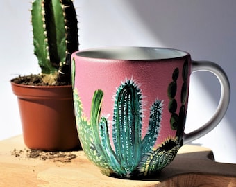 Pink Cactus Mug, Hand Painted Cup,Inspired By Nature, Unique Handmade, Cactus Lover, Kitchen Decor, Beautiful Coffee Mug