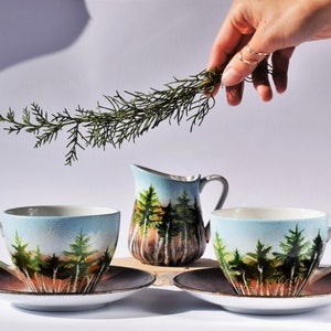 Forest Set, Beautiful Handpainted Gift, Two Cups With Saucers And A Milk Jug, Gift for Nature Lovers, Coffee Tea Cups And Milk Jug image 1