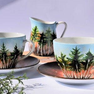 Forest Set, Beautiful Handpainted Gift, Two Cups With Saucers And A Milk Jug, Gift for Nature Lovers, Coffee Tea Cups And Milk Jug image 2