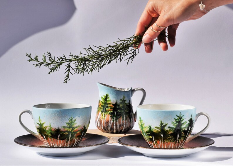 Forest Set, Beautiful Handpainted Gift, Two Cups With Saucers And A Milk Jug, Gift for Nature Lovers, Coffee Tea Cups And Milk Jug image 1