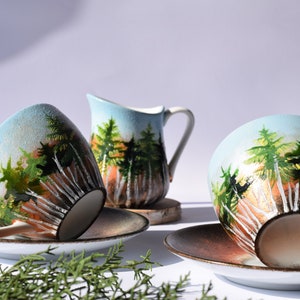 Forest Set, Beautiful Handpainted Gift, Two Cups With Saucers And A Milk Jug, Gift for Nature Lovers, Coffee Tea Cups And Milk Jug image 3