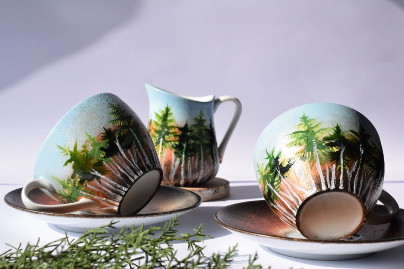 Forest Set, Beautiful Handpainted Gift, Two Cups With Saucers And A Milk Jug, Gift for Nature Lovers, Coffee Tea Cups And Milk Jug image 3