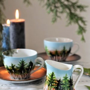 Forest Set, Beautiful Handpainted Gift, Two Cups With Saucers And A Milk Jug, Gift for Nature Lovers, Coffee Tea Cups And Milk Jug image 9