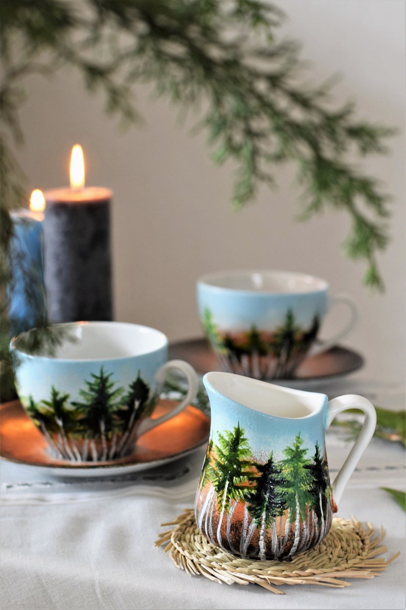 Forest Set, Beautiful Handpainted Gift, Two Cups With Saucers And A Milk Jug, Gift for Nature Lovers, Coffee Tea Cups And Milk Jug image 9