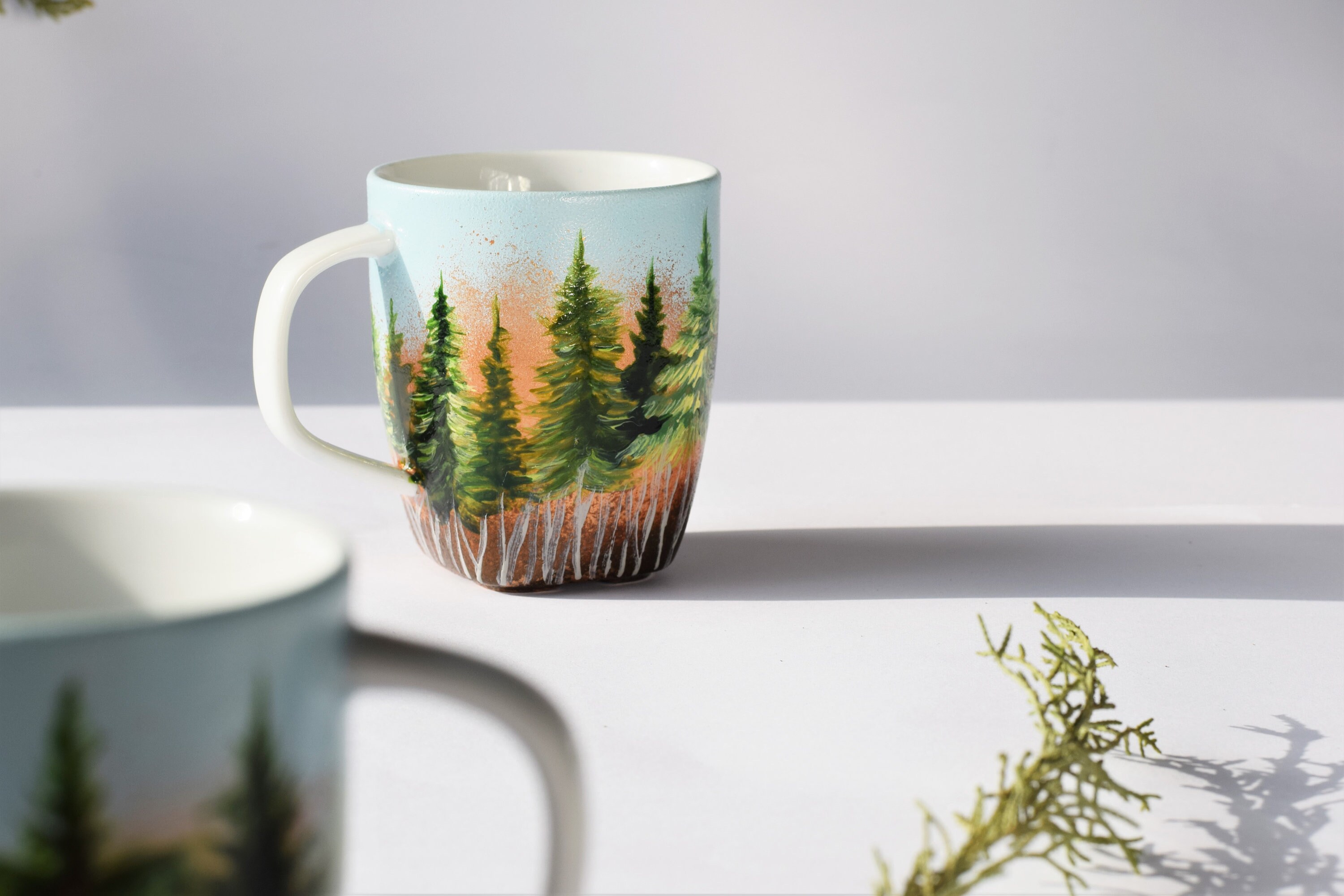 Set of 2 Forest Mugs, Handpainted Coffee Tea Set, Inspired by Nature