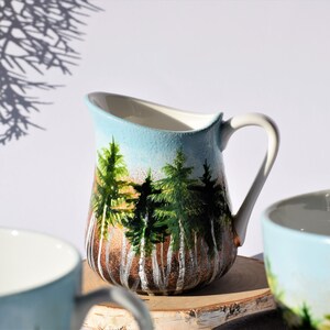 Forest Set, Beautiful Handpainted Gift, Two Cups With Saucers And A Milk Jug, Gift for Nature Lovers, Coffee Tea Cups And Milk Jug image 4