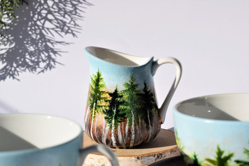 Forest Set, Beautiful Handpainted Gift, Two Cups With Saucers And A Milk Jug, Gift for Nature Lovers, Coffee Tea Cups And Milk Jug image 4