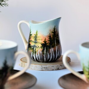Forest Set, Beautiful Handpainted Gift, Two Cups With Saucers And A Milk Jug, Gift for Nature Lovers, Coffee Tea Cups And Milk Jug image 5