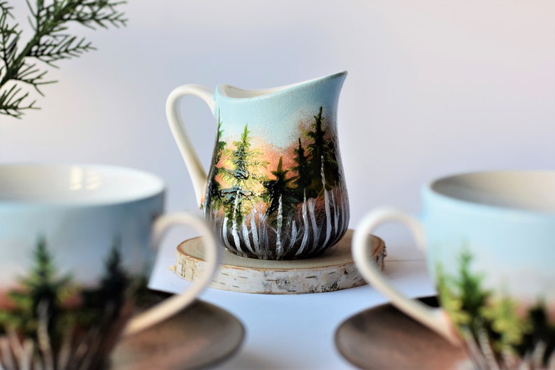 Forest Set, Beautiful Handpainted Gift, Two Cups With Saucers And A Milk Jug, Gift for Nature Lovers, Coffee Tea Cups And Milk Jug image 5