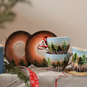 Forest Set, Beautiful Handpainted Gift, Two Cups With Saucers And A Milk Jug, Gift for Nature Lovers, Coffee Tea Cups And Milk Jug image 10