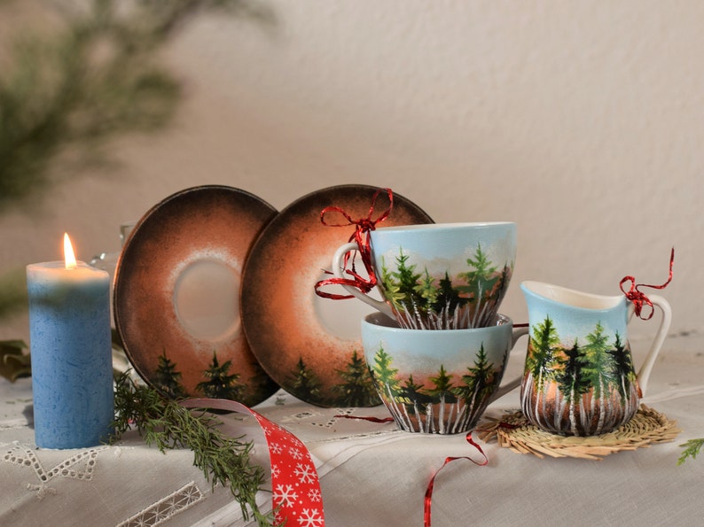 Forest Set, Beautiful Handpainted Gift, Two Cups With Saucers And A Milk Jug, Gift for Nature Lovers, Coffee Tea Cups And Milk Jug image 10