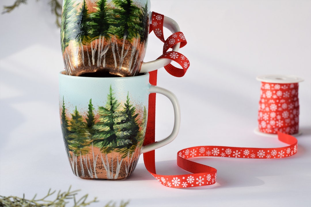 Set of 2 Forest Mugs, Handpainted Coffee Tea Set, Inspired by Nature