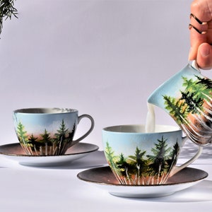 Forest Set, Beautiful Handpainted Gift, Two Cups With Saucers And A Milk Jug, Gift for Nature Lovers, Coffee Tea Cups And Milk Jug image 6