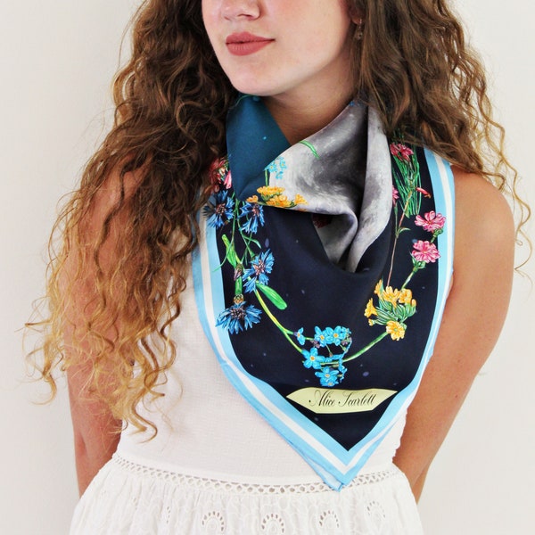 Ladies Silk Twill Scarf 90x90 'Hedgerow Galaxy'