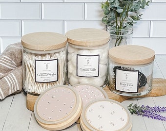 Jars with Label, Canister with Label, Glass Jar with Label, Bathroom Accessories, Bathroom Storage, Bathroom Canisters, Cotton Ball Holder