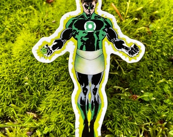Green-Mason, Freemason superhero 3” & 4” vinyl die-cut sticker, Emerald Knight Seeks Light, Master-Lantern, Masonic sticker, classic 80s Hal