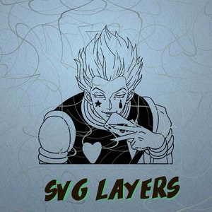 May include: Black and white line art illustration of a character with spiky hair, a star and tear mark on the face, and a heart on the chest. The character is holding a card. The text "SVG LAYERS" is at the bottom.