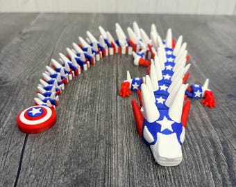 Patriotic Shield Dragon – 3D Printed Flexi Dragon, Articulated Collectible, Superhero-Inspired Dragon Toy, Custom Colors Available