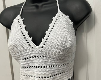 トップス CHIKUWABU HAND CROCHET BUSTIER / White Sexy Crochet Halter Top, Boho Hippie Wear, Women's Festival