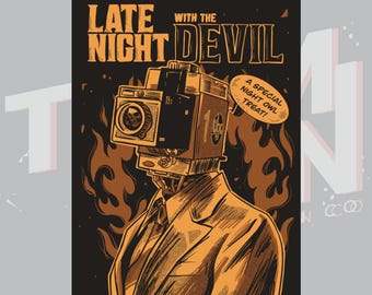 Spooky Illustrated Poster, Matte Vertical Wall Art for Horror Fans, Late Night with the Devil Movie Inspired Print, Halloween Decor, Creepy
