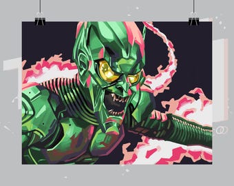 Poster, Green Goblin Spiderman Inspired Bold Color Design Illustration, Geeky Matte Vertical Wall Art Print, Home Decor, Bedroom Decoration,