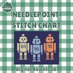 May include: Needlepoint stitch chart featuring three robot figures in yellow, blue, and orange, each with a number. The text "NEEDLEPOINT STITCH CHART" and "digital download" are also present. The background is a green and white checkered pattern.