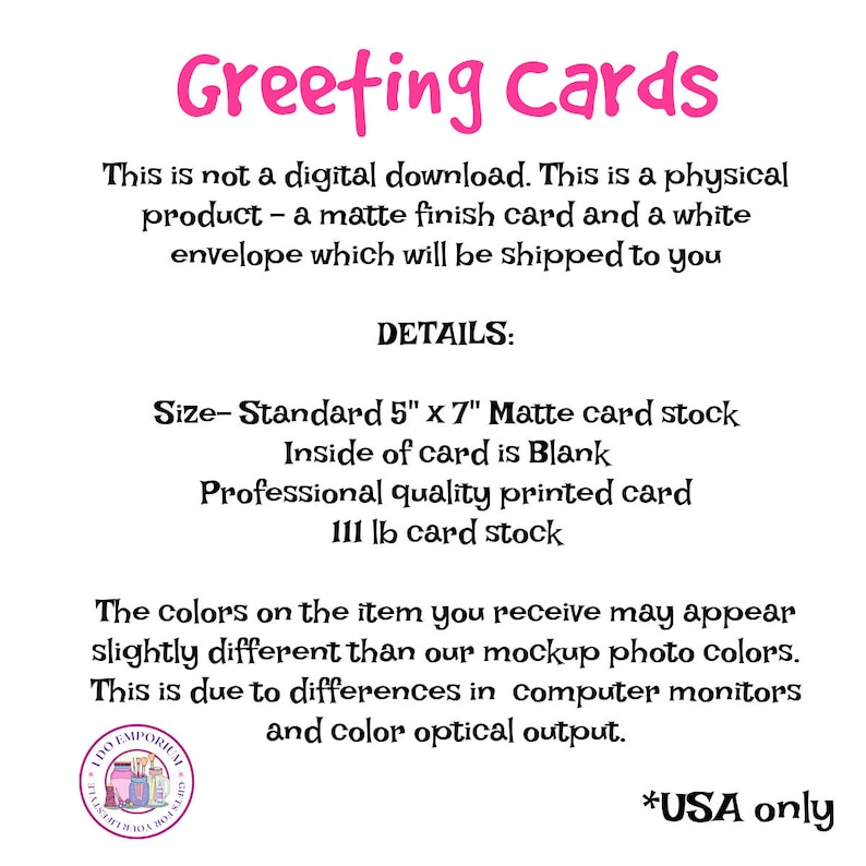K&ouml;nnte beinhalten: Eine wei&szlig;e Informationsgrafik mit rosa Text, der Greeting cards lautet. Sie listet Produktdetails auf, darunter eine matte Standard-Karte im Format 5 mal 7 Zoll, eine leere Innenseite und 111 lb Karton. Unten links befindet sich ein kreisf&ouml;rmiges Logo.