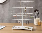 5-Bar White Metal Jewelry Organizer with Ring Tray, Tabletop Necklace Bracelet Holder Stand