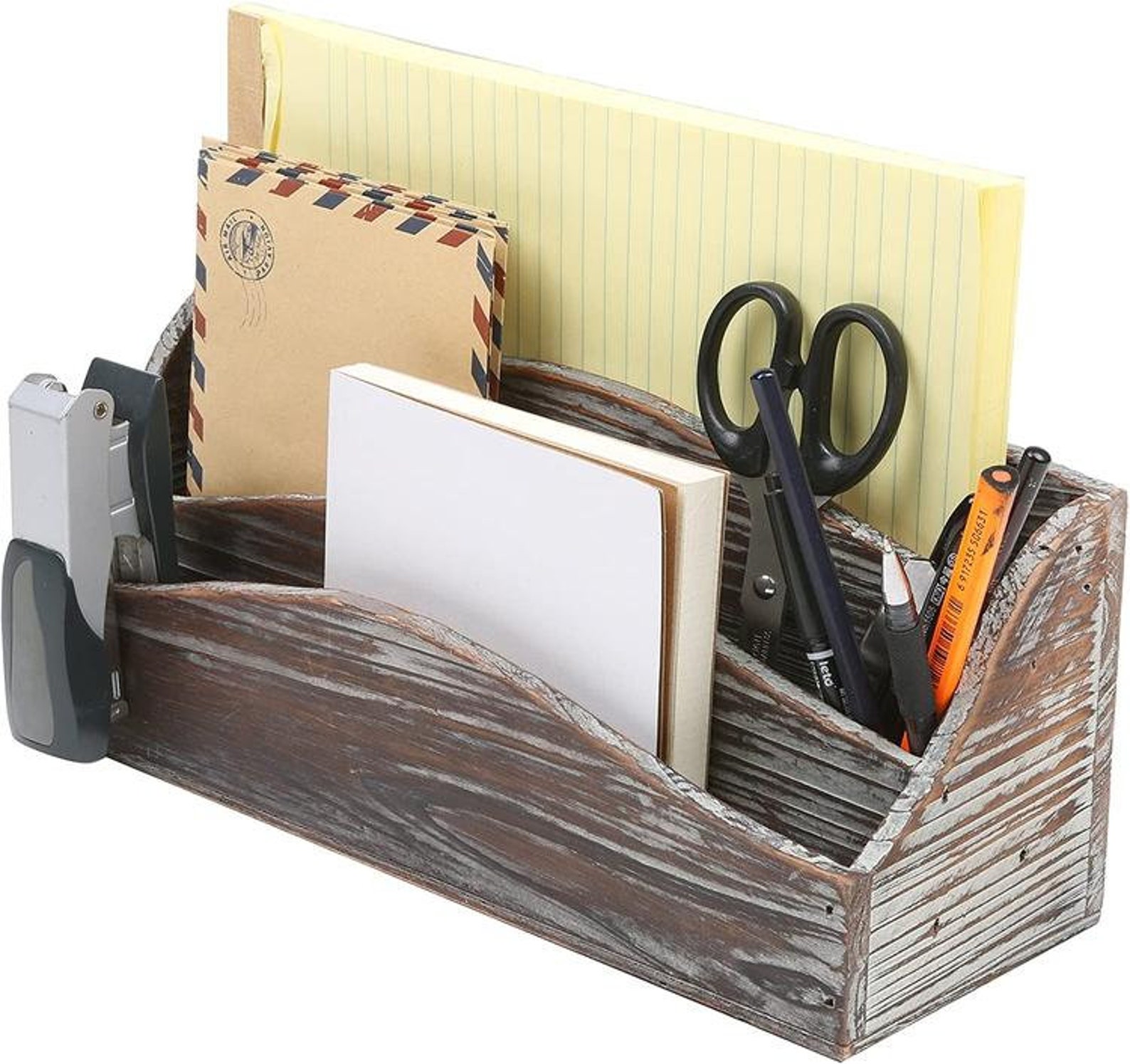 Vintage Torched Wood Mail Sorter Desktop Organizer Pen Holder Etsy