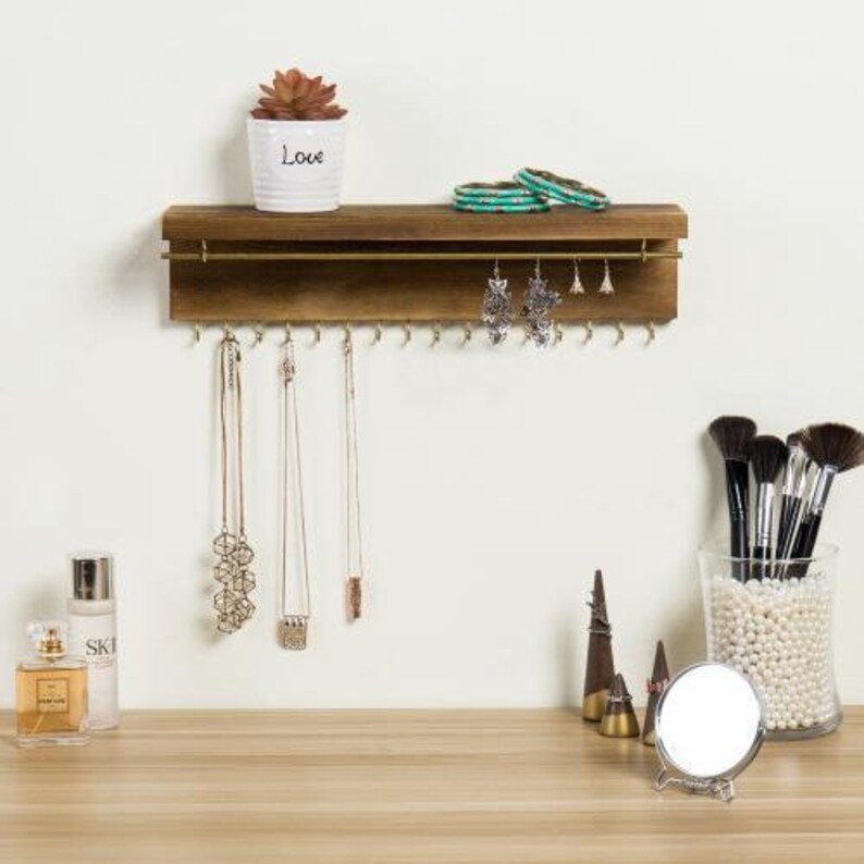 Modern Wood /& Brass Jewelry Display Rack with Shelf